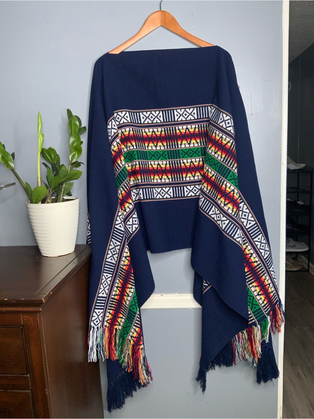 Navy Aztec-Pattern Fringe Poncho - Women's Accessory - Picture 7 of 11